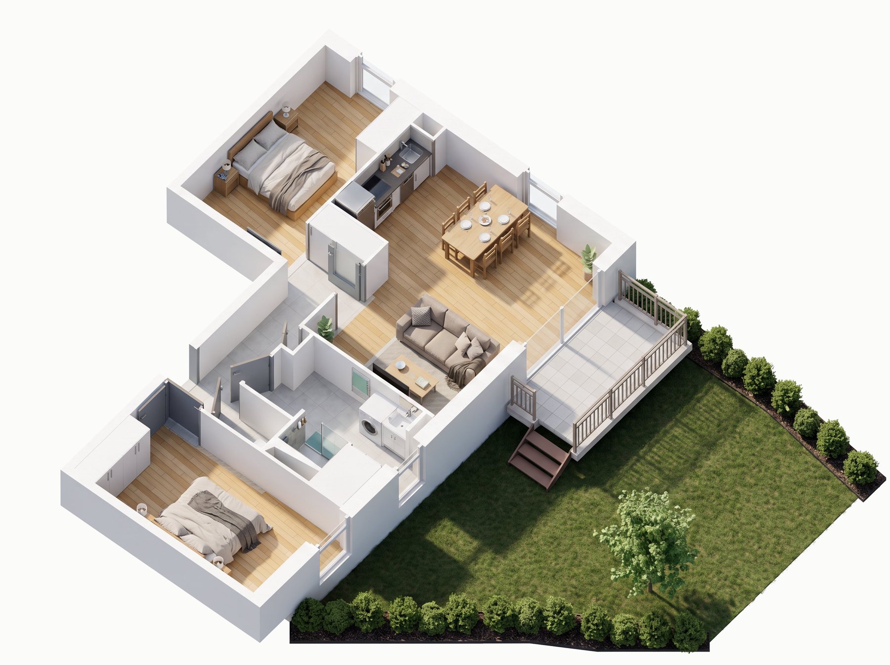 Axonométrie meublée d'un T3 de plain-pied avec son jardin : séjour, cuisine, deux chambres, salle de bains et terrasse.